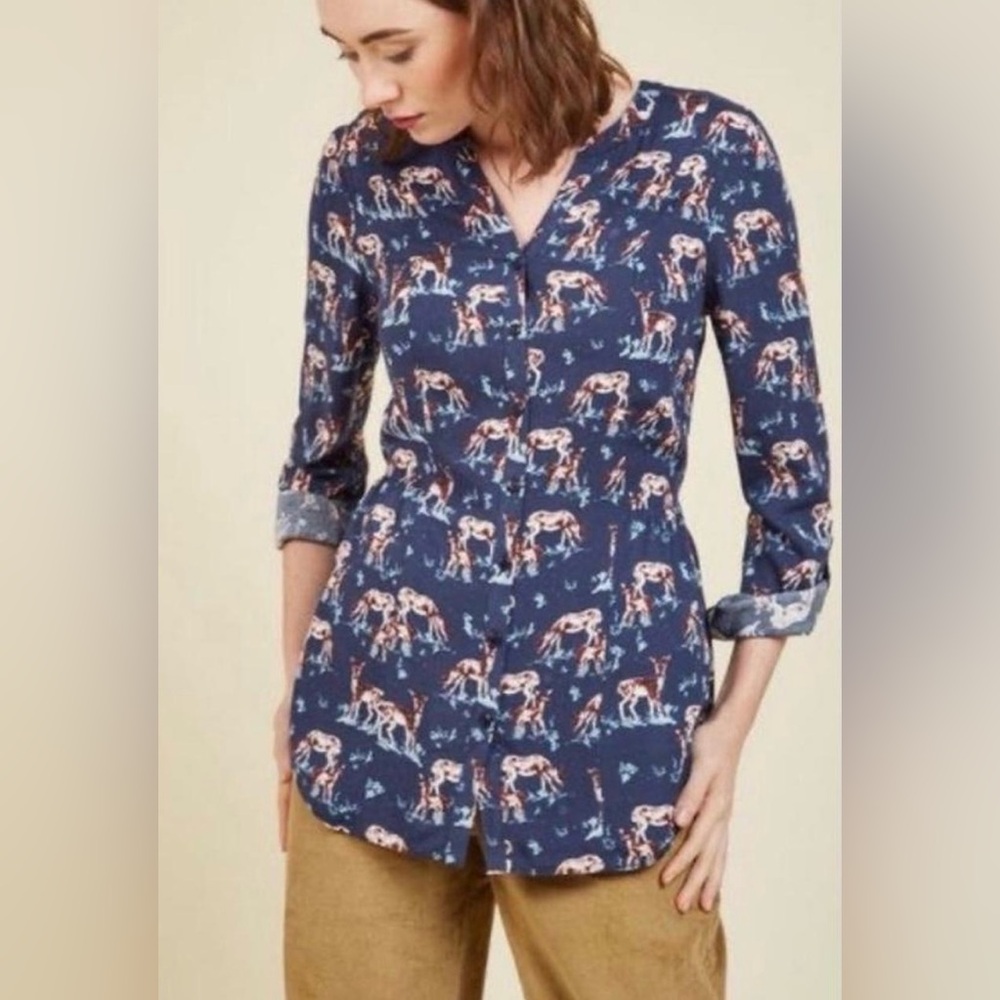 ModCloth Deer Print Long Sleeve Top Size Small